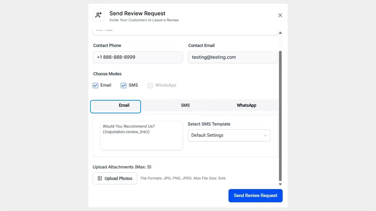 Send Review Request modal with Email and SMS checkboxes selected and message preview showing upload attachments area