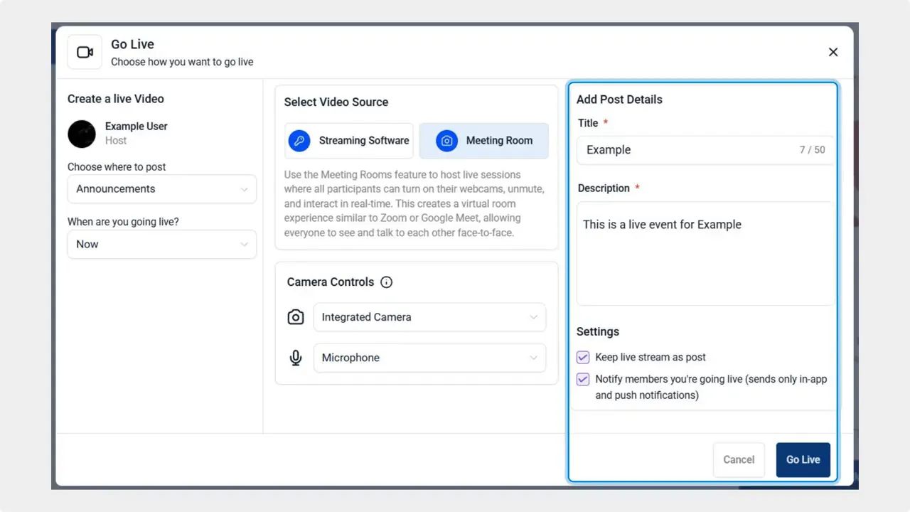 Go Live setup modal with Add Post Details fields (title and description), camera controls and a Go Live button