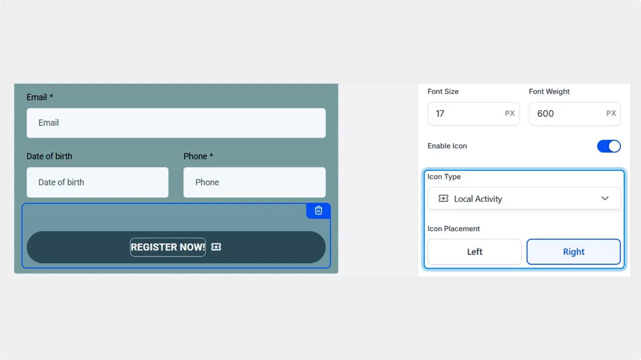 Form builder showing a submission button preview with an icon and the Element Settings panel displaying Icon Type dropdown and Icon Placement (Left / Right) with placement set to Right. Form builder showing a submission button preview with an icon and the Element Settings panel displaying Icon Type dropdown and Icon Placement (Left / Right) with placement set to Right.