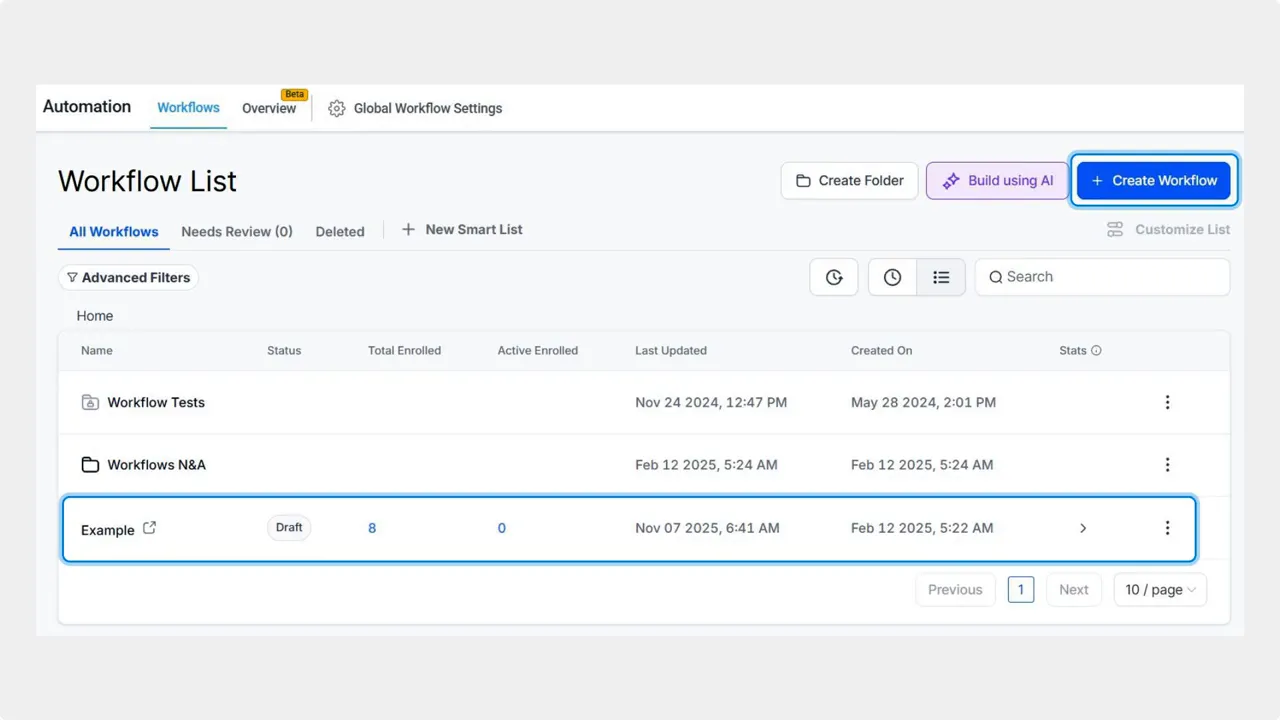 Workflows tab inside the Automation section