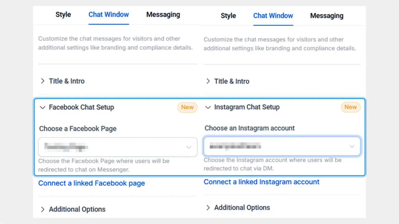 Chat Window settings showing 'Choose a Facebook Page' and 'Choose an Instagram account' dropdowns Chat Window settings showing 'Choose a Facebook Page' and 'Choose an Instagram account' dropdowns
