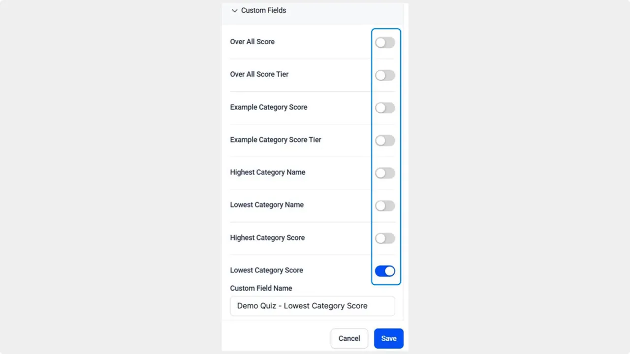 Quiz builder custom fields list with toggles and a highlighted Save button