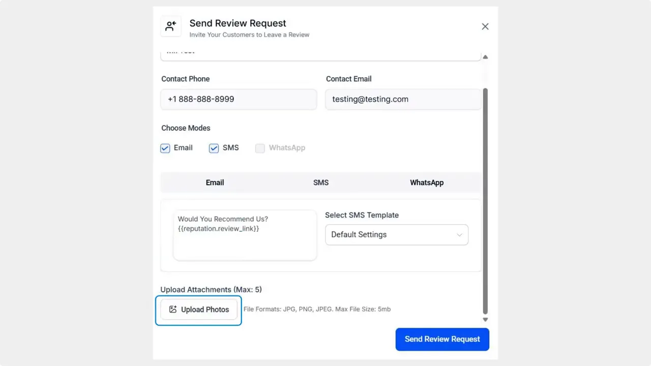 Send Review Request modal with the Upload Photos button highlighted
