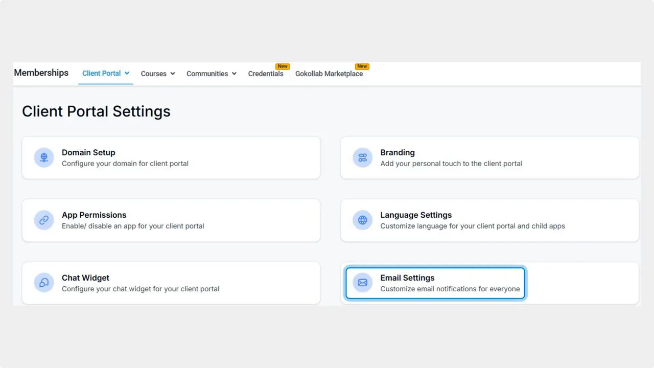 Client Portal Settings page showing cards for Domain Setup, Branding, App Permissions, Language Settings, Chat Widget and a highlighted Email Settings card.