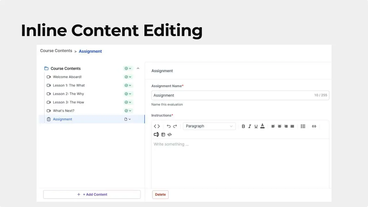 Course Builder inline content editing view showing course contents list on the left and an assignment editor on the right.