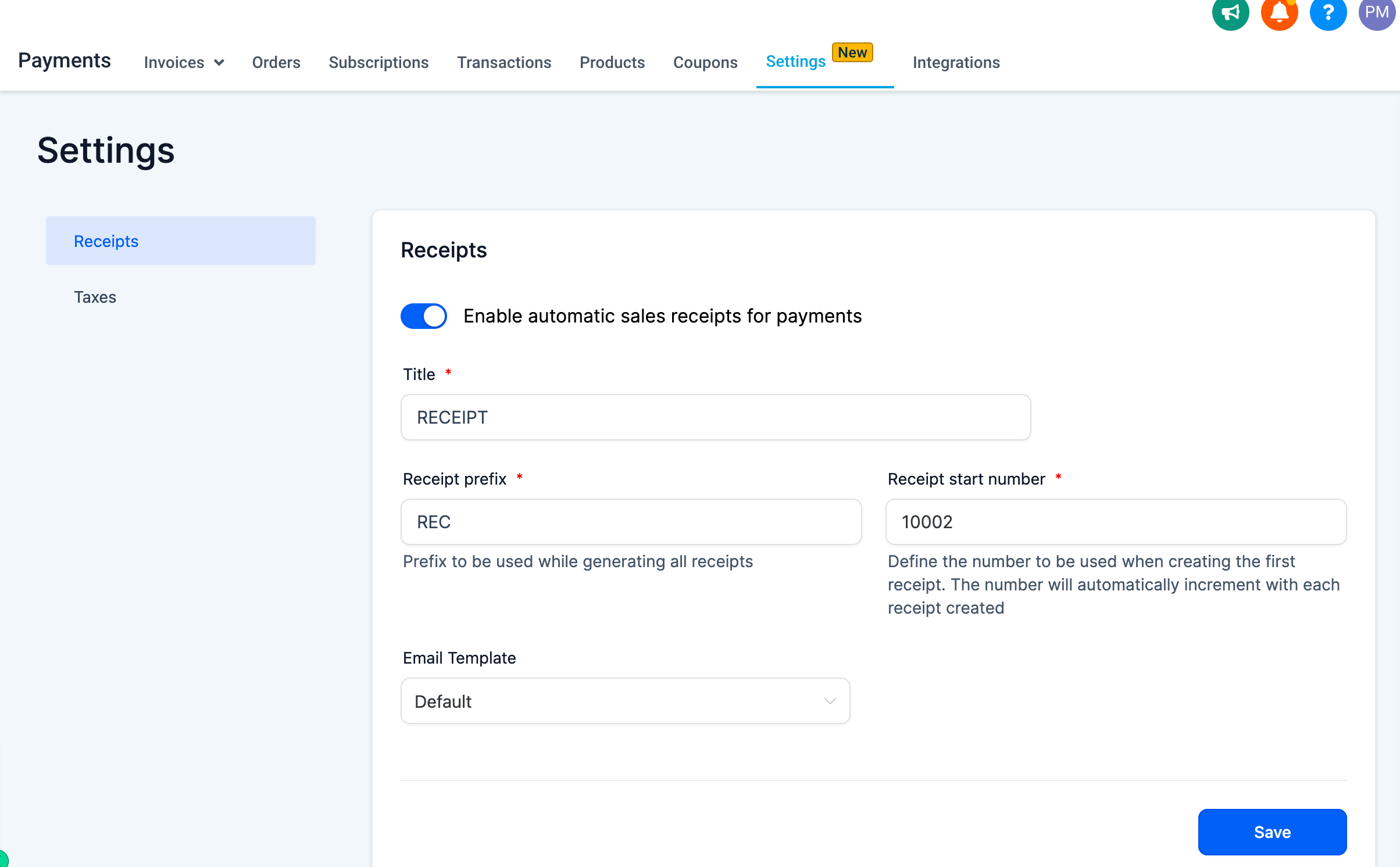 Screenshot of Payment Settings Dashboard
