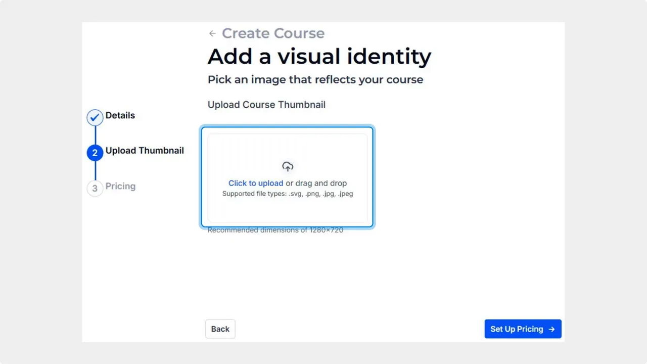 Upload Course Thumbnail screen showing a click-to-upload box and a 'Set Up Pricing' button
