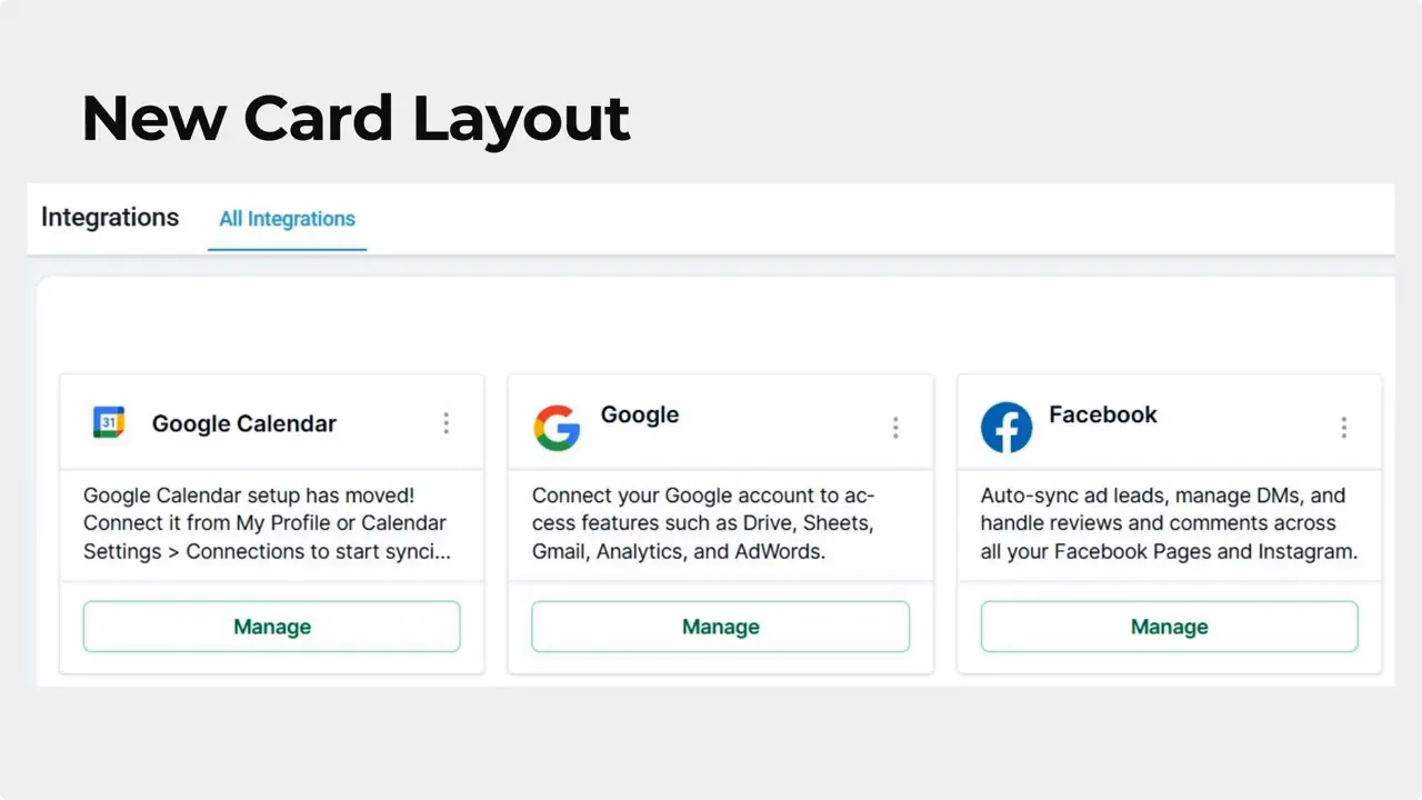 Integrations page featuring a new card-based layout with Google Calendar, Google, and Facebook cards and 'Manage' buttons