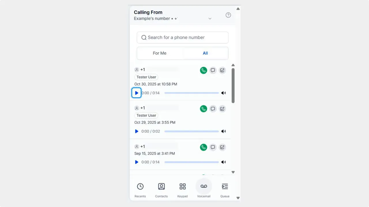 Voicemail tab showing multiple message cards with caller name, date/time, play buttons and playback progress bars
