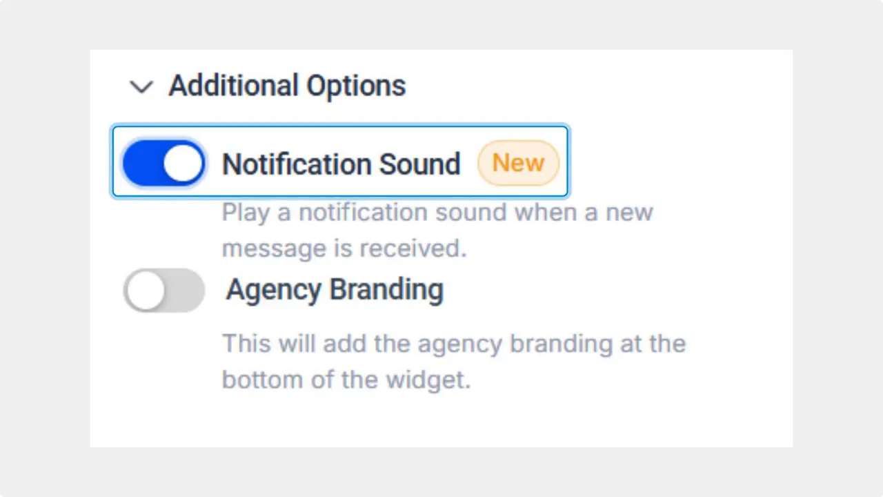 Chat widget Additional Options panel showing Notification Sound toggle enabled