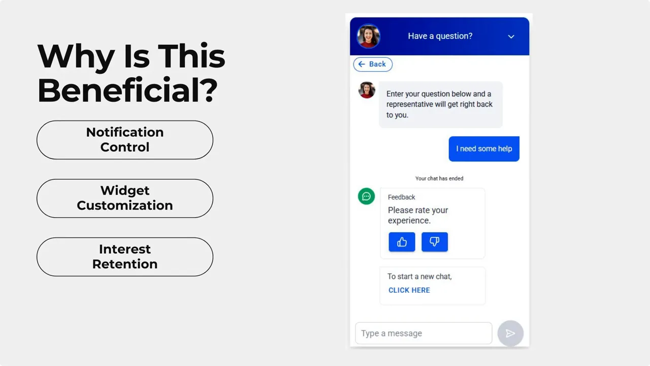 Chat widget preview showing messages, feedback rating buttons and the message input box