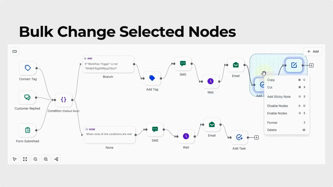 Advanced Builder canvas showing multiple nodes, a dashed selection around several nodes on the right, and a Quick Actions context menu listing Copy, Cut, Add Sticky Note, Disable Nodes, Enable Nodes, Format, Delete. Advanced Builder canvas showing multiple nodes, a dashed selection around several nodes on the right, and a Quick Actions context menu listing Copy, Cut, Add Sticky Note, Disable Nodes, Enable Nodes, Format, Delete.