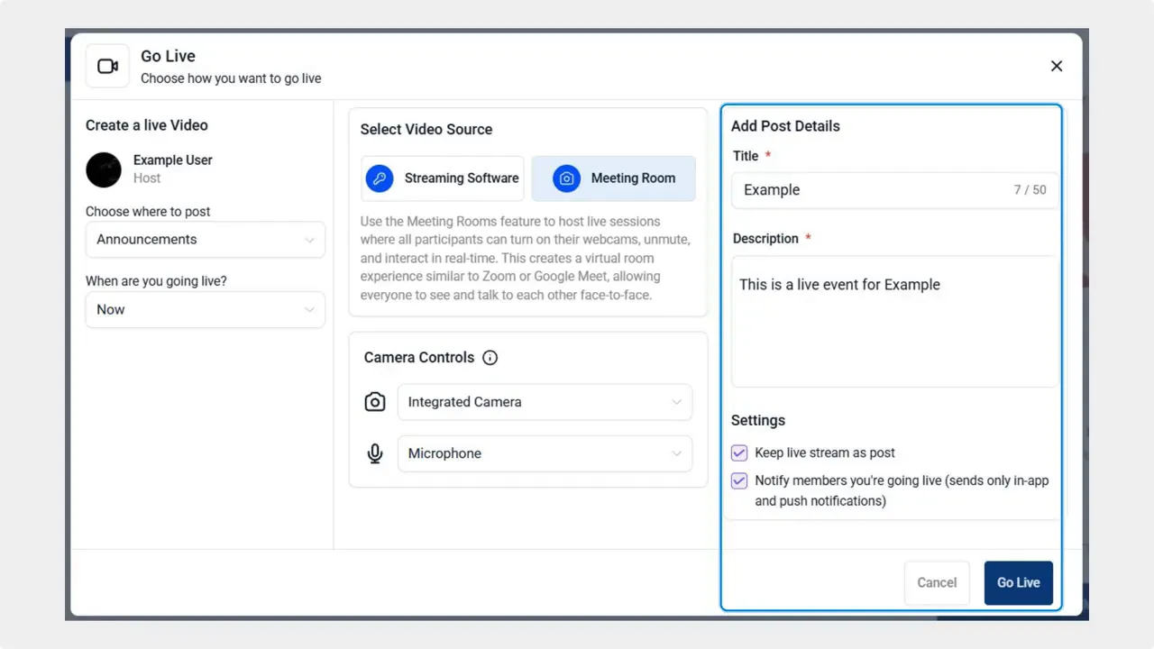 Pinnacle 'Go Live' setup modal showing video source, camera controls, title, description and Go Live button.