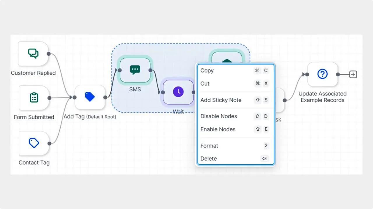Advanced Builder canvas with a dashed selection around nodes and a Quick Actions context menu showing Add Sticky Note, Disable Nodes, Enable Nodes, Format and Delete. Advanced Builder canvas with a dashed selection around nodes and a Quick Actions context menu showing Add Sticky Note, Disable Nodes, Enable Nodes, Format and Delete.