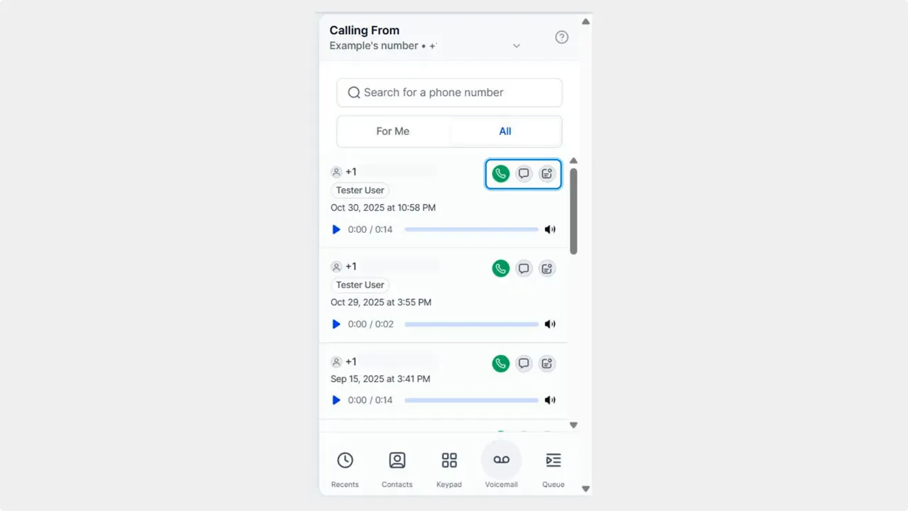 Voicemail card with quick action icons for call, text, and transcript highlighted