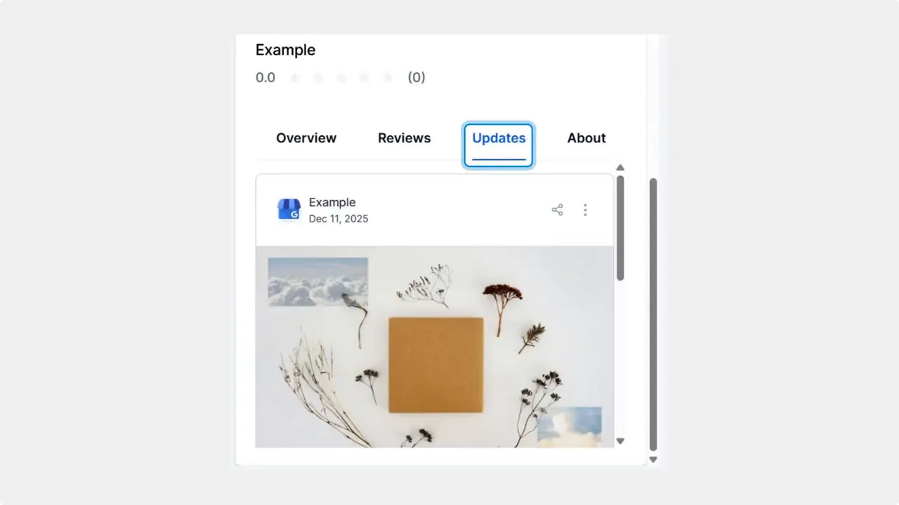 Right-side Updates preview with the Updates tab highlighted and a sample post image visible. Right-side Updates preview with the Updates tab highlighted and a sample post image visible.