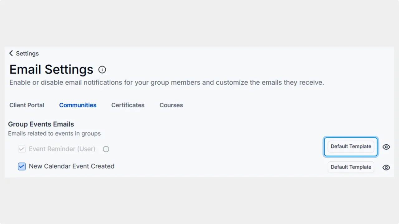 Email Settings screen showing the Communities tab and Group Events Emails section with Event Reminder and a highlighted Default Template button.