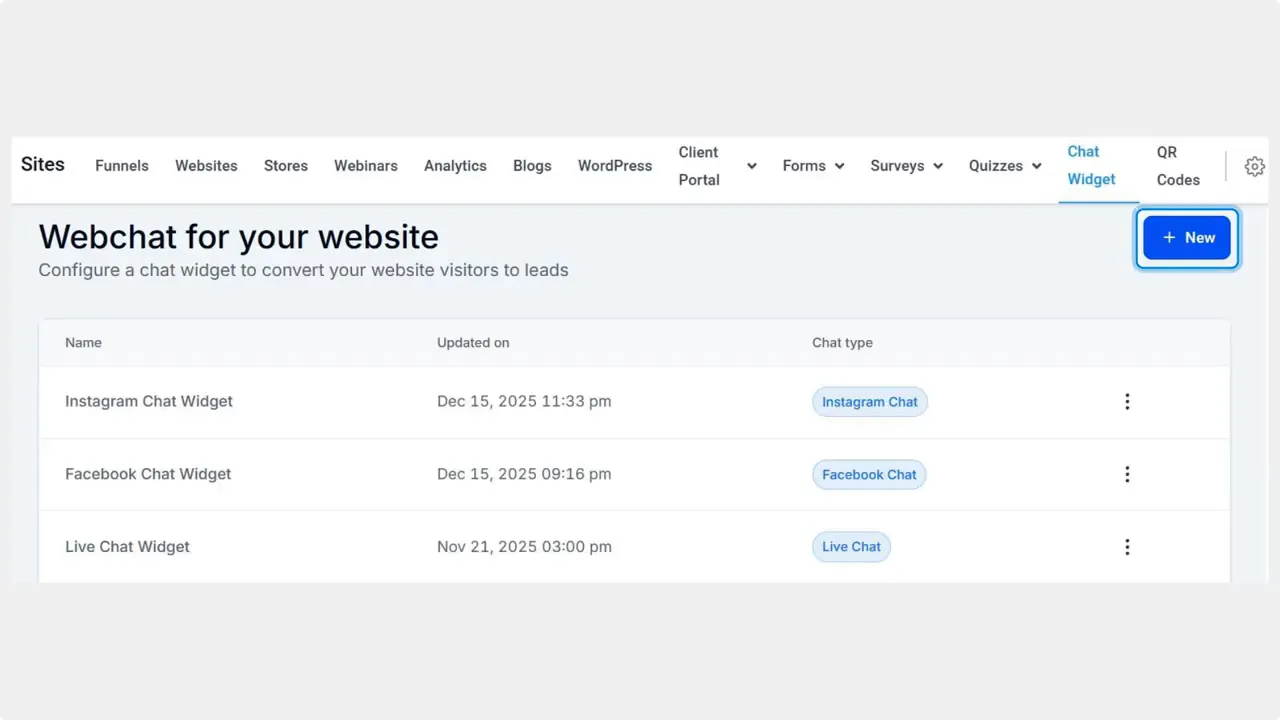 Webchat for your website dashboard showing a list of chat widgets and a highlighted New button in the Chat Widget tab. Webchat for your website dashboard showing a list of chat widgets and a highlighted New button in the Chat Widget tab.