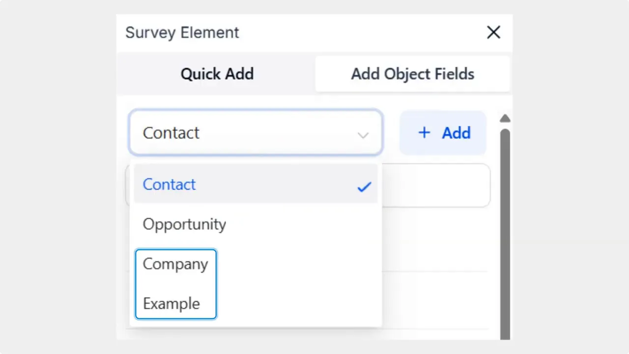 Add Object Fields dropdown showing options Contact, Opportunity, Company, and Example with Company visible in the list