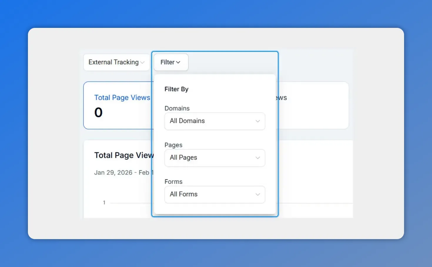Analytics filter panel showing Filter By options: Domains, Pages, and Forms dropdowns