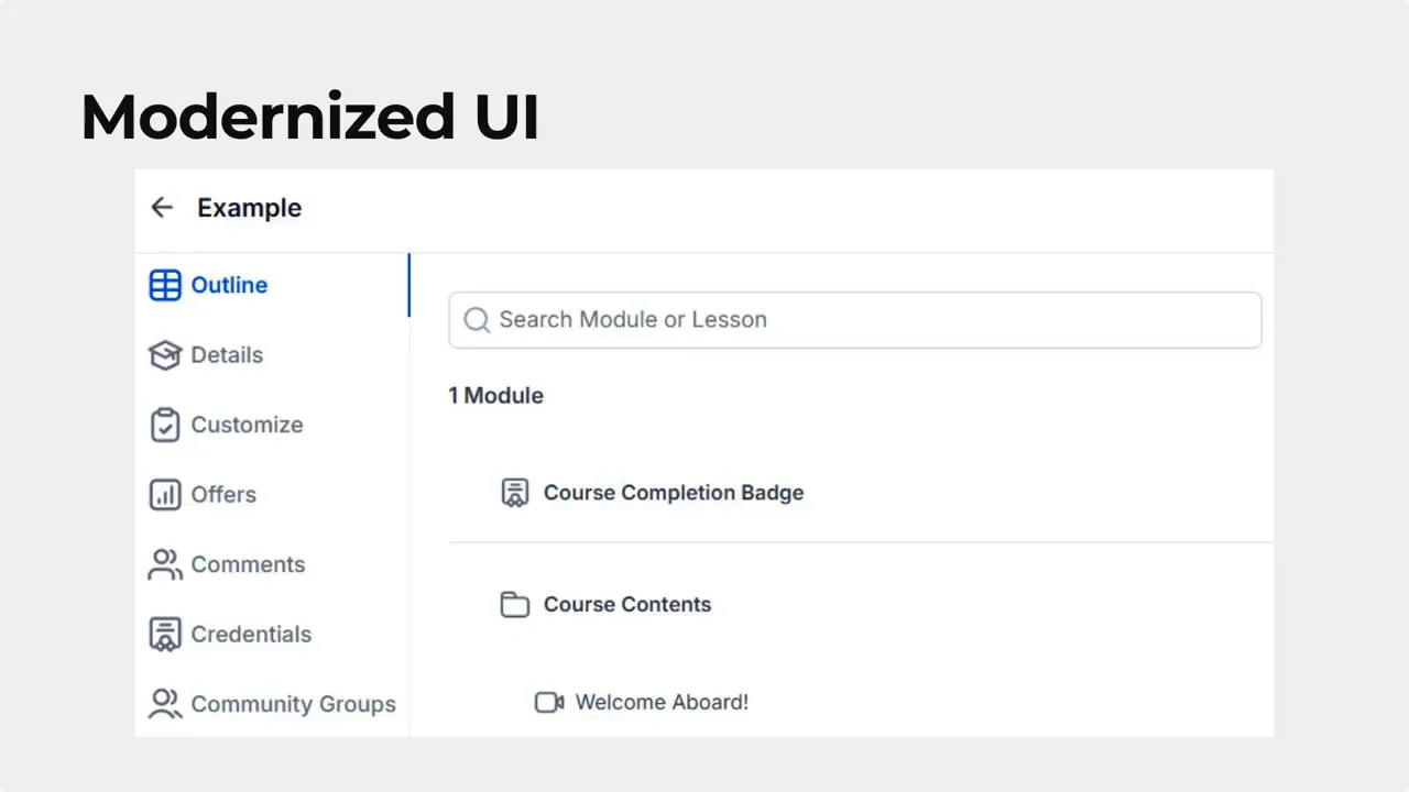 Screenshot of modernized course builder UI showing sidebar outline, search bar and course items