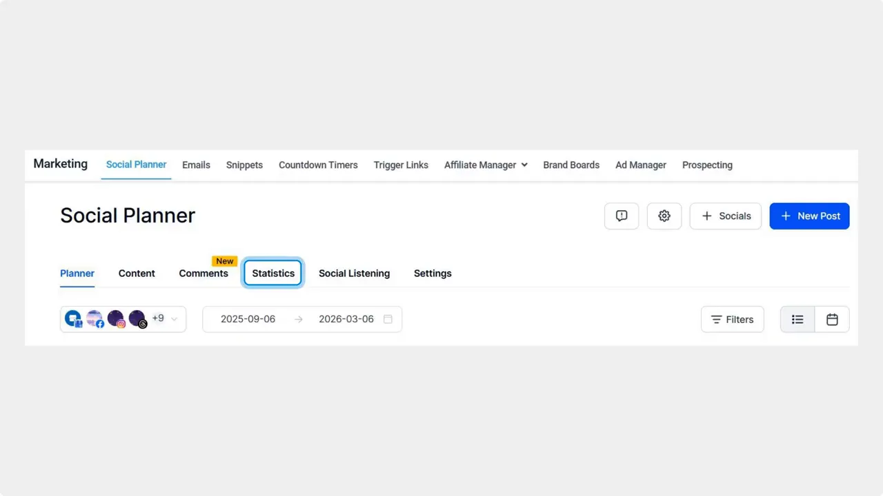 Social Planner header with the Statistics tab selected and date range controls visible.