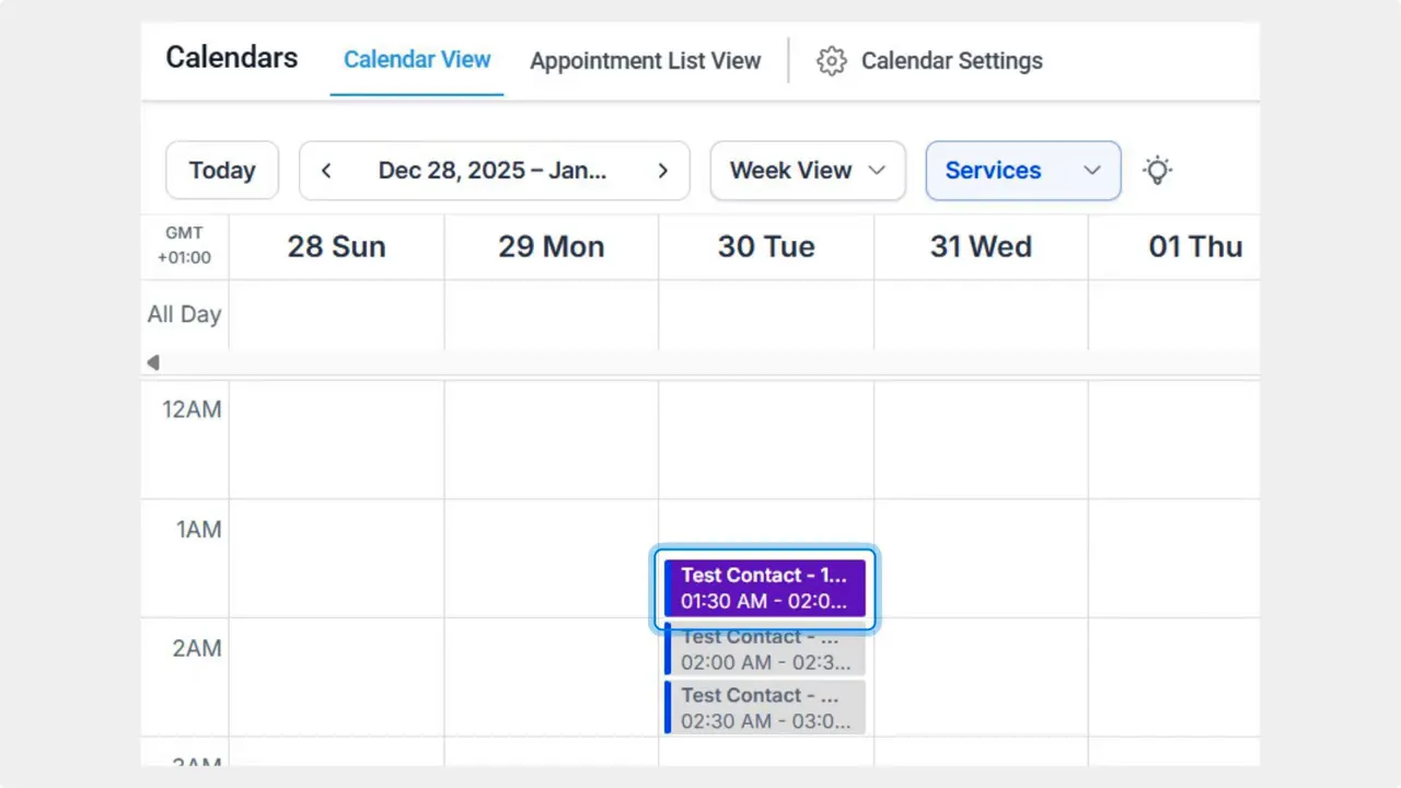 Calendar week view showing a highlighted appointment block for 'Test Contact' at 1:30 AM