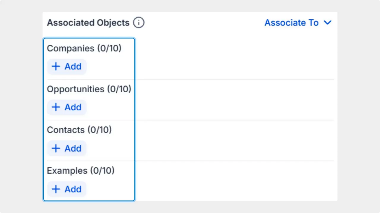 Associated Objects panel showing Companies, Opportunities, Contacts and + Add buttons