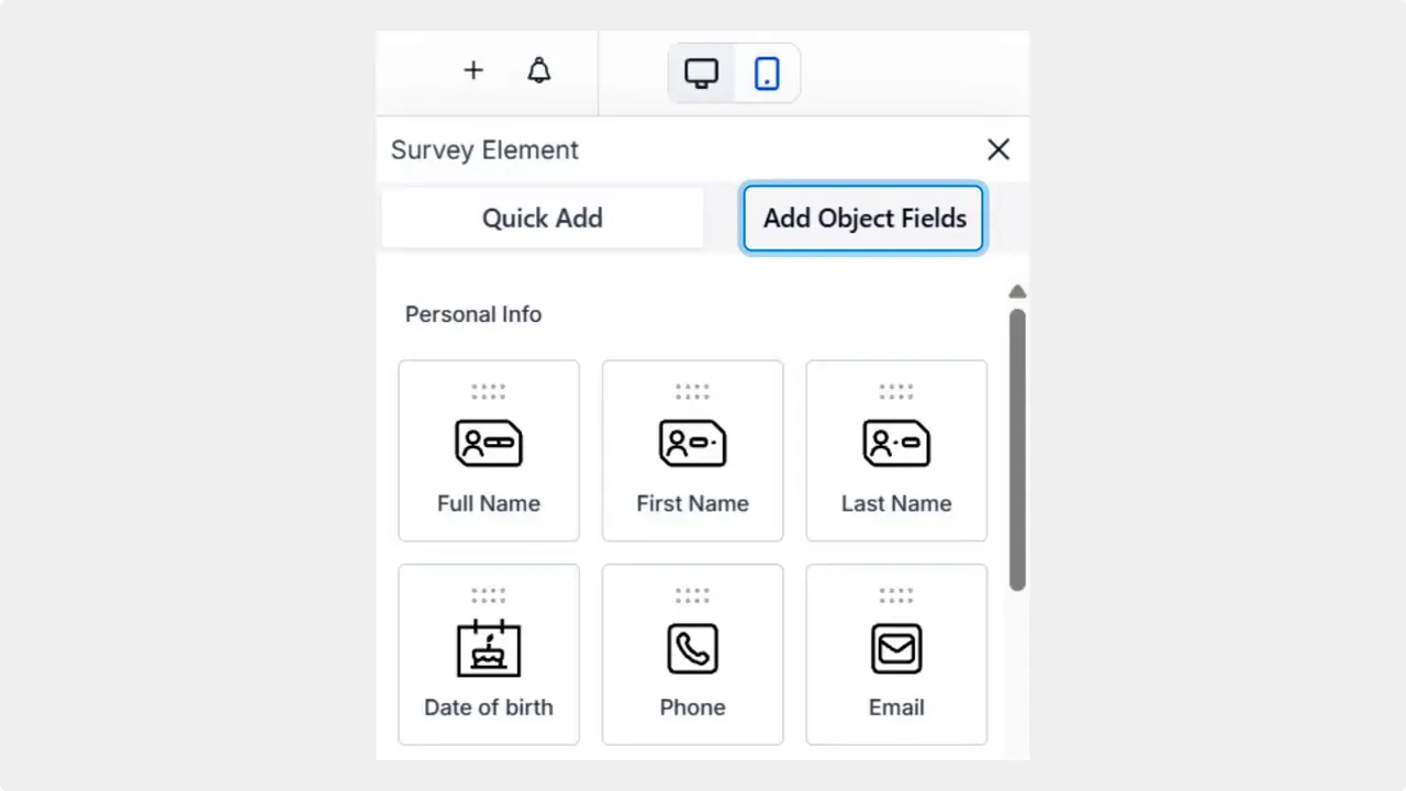Survey Element panel showing Quick Add and Add Object Fields tabs with a plus icon in the top bar