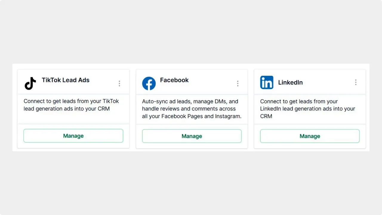 Clear view of the integrations list with TikTok Lead Ads, Facebook, and LinkedIn cards and Manage buttons.