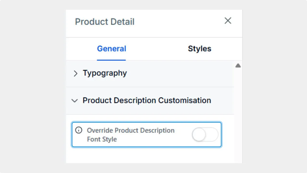 Product Detail settings showing the 'Override Product Description Font Style' toggle clearly (off)