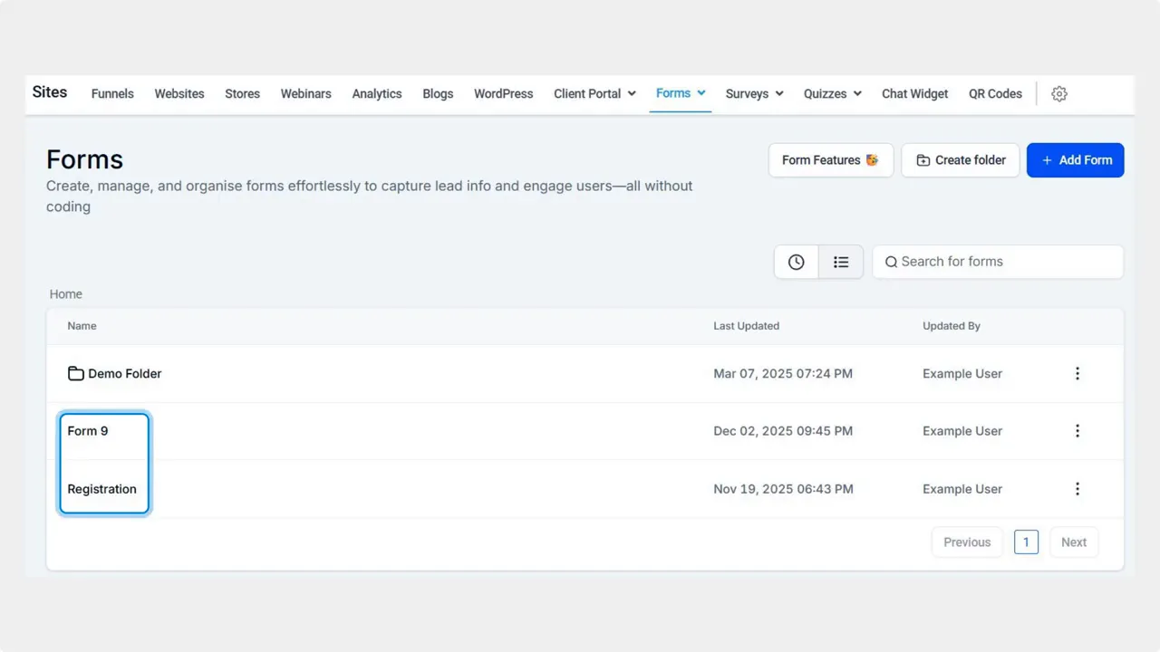Forms dashboard in Sites showing a list of forms and the top navigation with Forms selected Forms dashboard in Sites showing a list of forms and the top navigation with Forms selected
