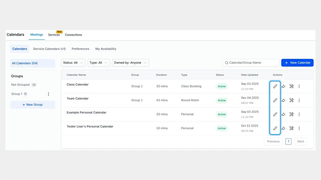 Pinnacle calendar list showing multiple calendars with edit (pencil) icons highlighted Pinnacle calendar list showing multiple calendars with edit (pencil) icons highlighted