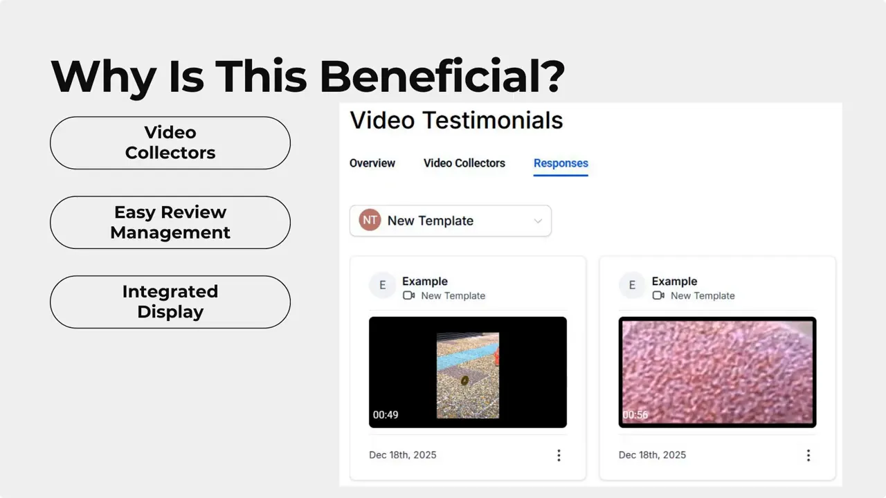 Pinnacle Video Testimonials Responses tab displaying video submission cards with thumbnails and dates