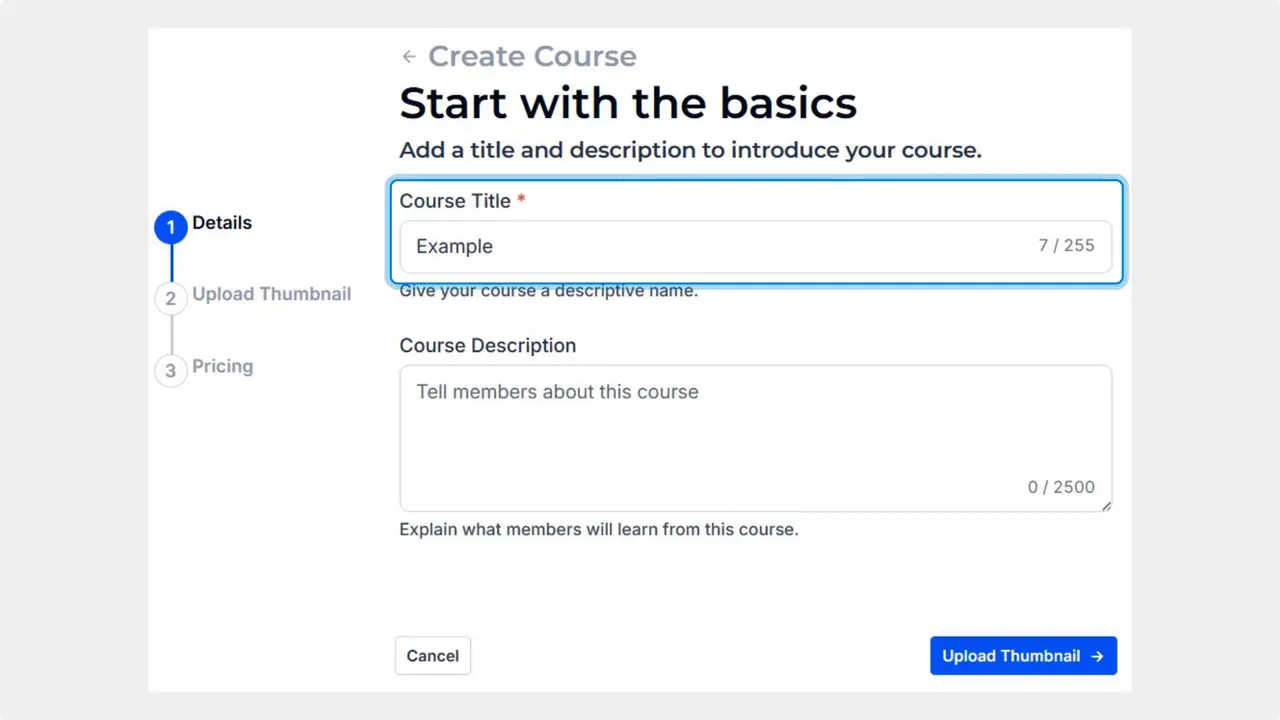 Create Course form titled 'Start with the basics' with the Course Title field selected and a description box below.