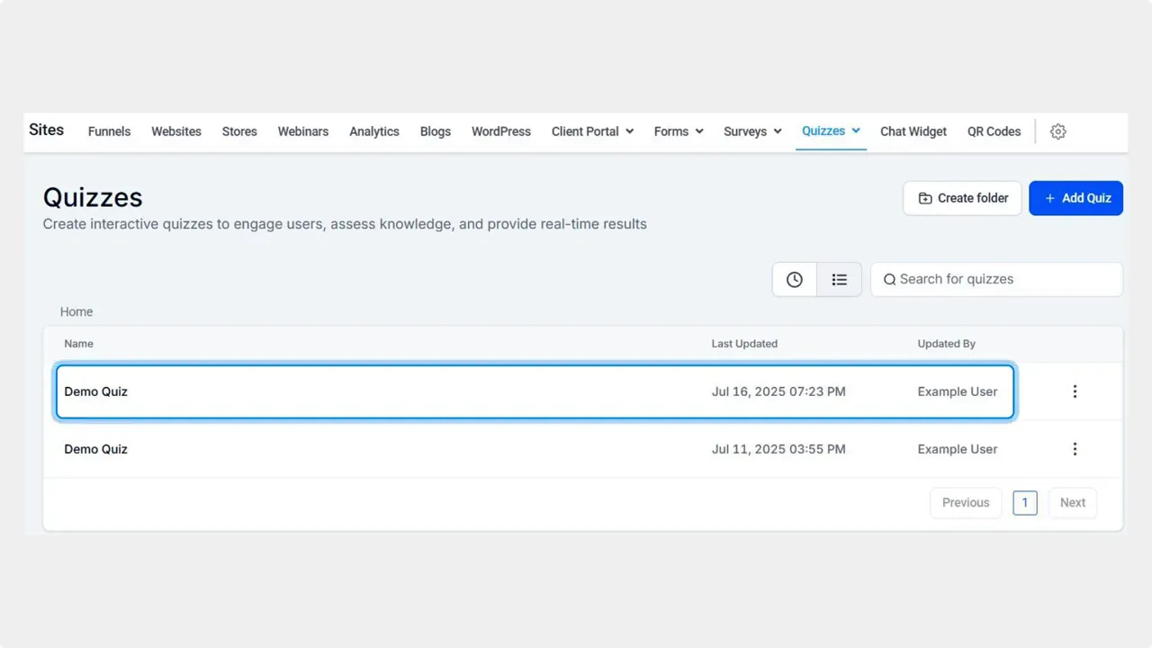 Sites Quizzes page with Demo Quiz selected, ready to edit