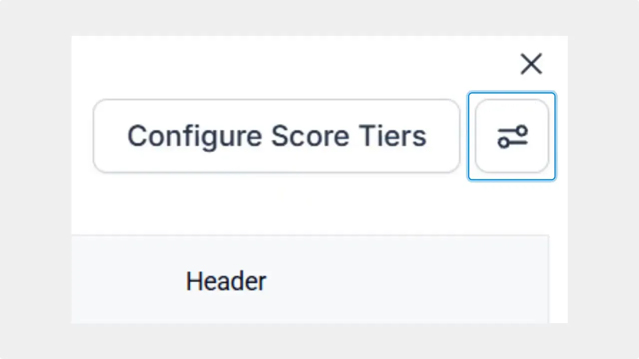Close-up of the quiz builder showing a 'Configure Score Tiers' button with a highlighted dial/settings icon in the top right.