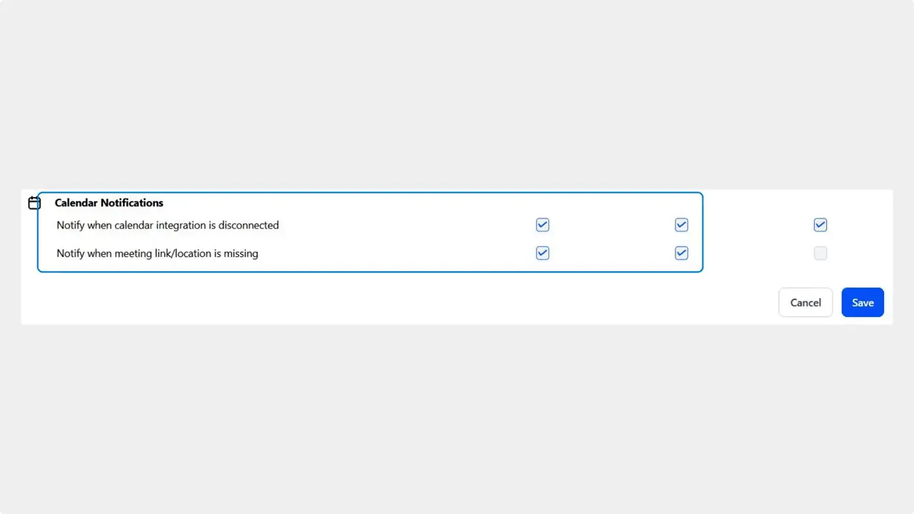 Calendar Notifications settings panel showing checkboxes for 'Notify when calendar integration is disconnected' and 'Notify when meeting link/location is missing' with a blue Save button at the bottom right. Calendar Notifications settings panel showing checkboxes for 'Notify when calendar integration is disconnected' and 'Notify when meeting link/location is missing' with a blue Save button at the bottom right.