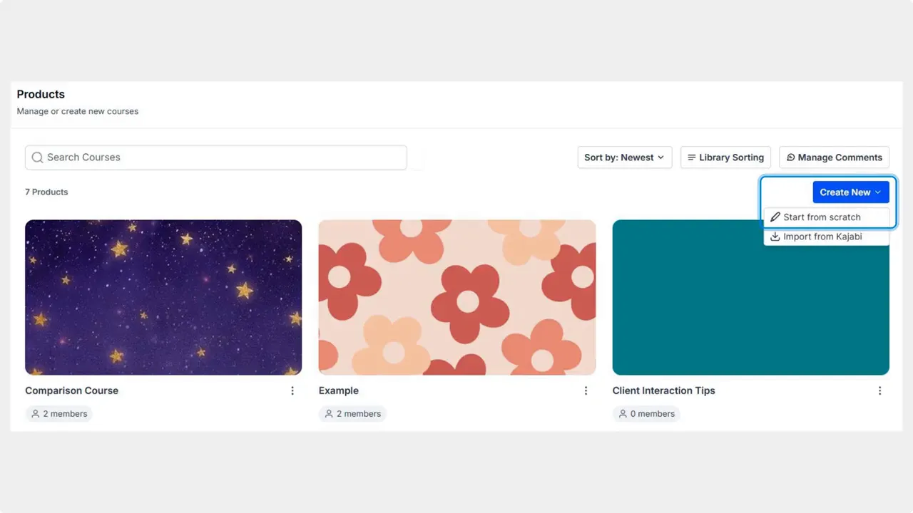 Courses Products dashboard showing course cards and a highlighted 'Create New' dropdown with 'Start from scratch' option
