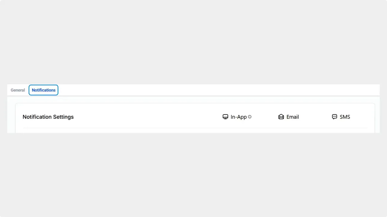 Profile settings screen with the Notifications tab selected and notification channel icons (In-App, Email, SMS). Profile settings screen with the Notifications tab selected and notification channel icons (In-App, Email, SMS).