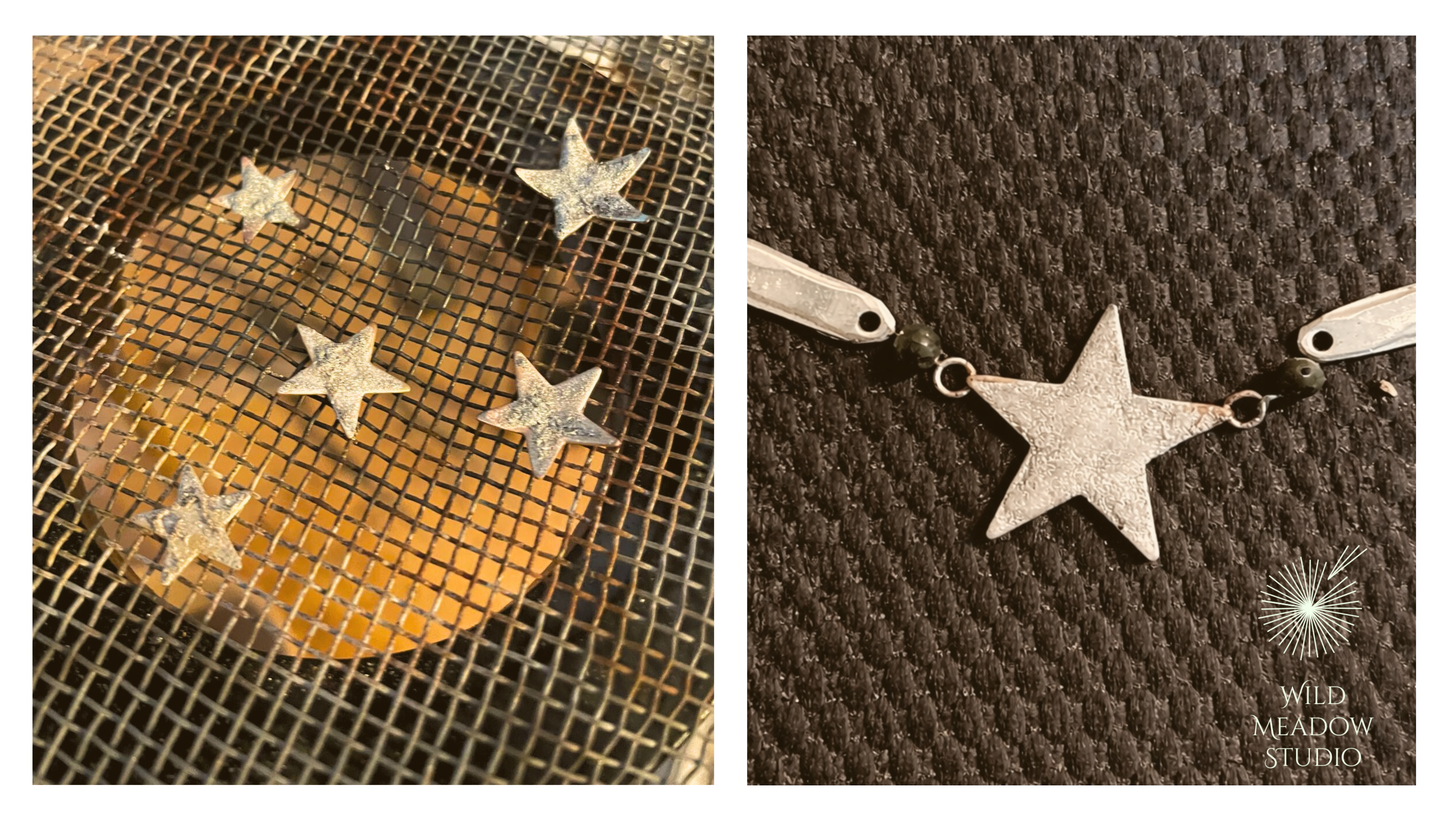 Fuse welding silver star jewellery components on gauze during the handmade jewellery making process. Laying out handmade silver necklace components during the finishing stage of a bespoke jewellery commission.