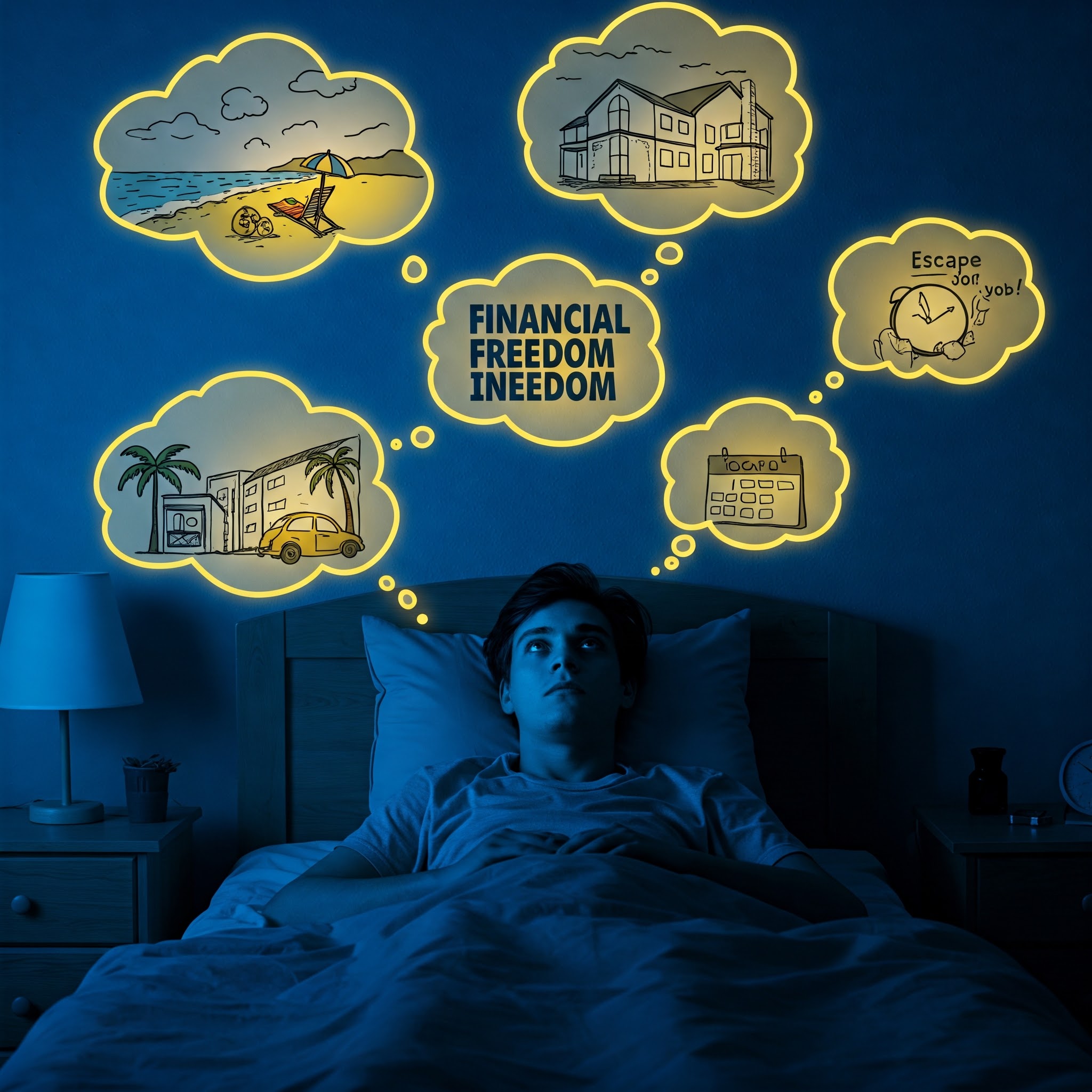 person lying awake at 3am with thought bubbles about financial freedom and escaping their job.