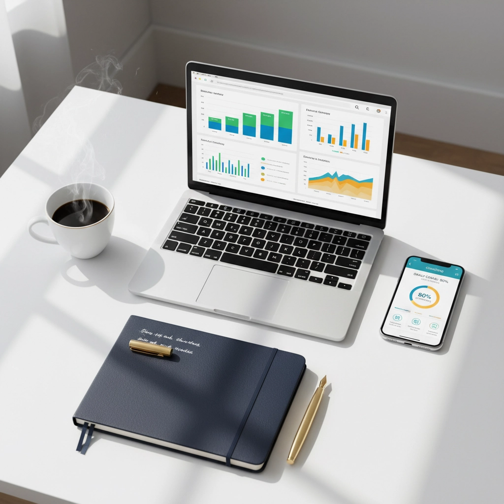 a picture of a computer and phone on a desk showing charts