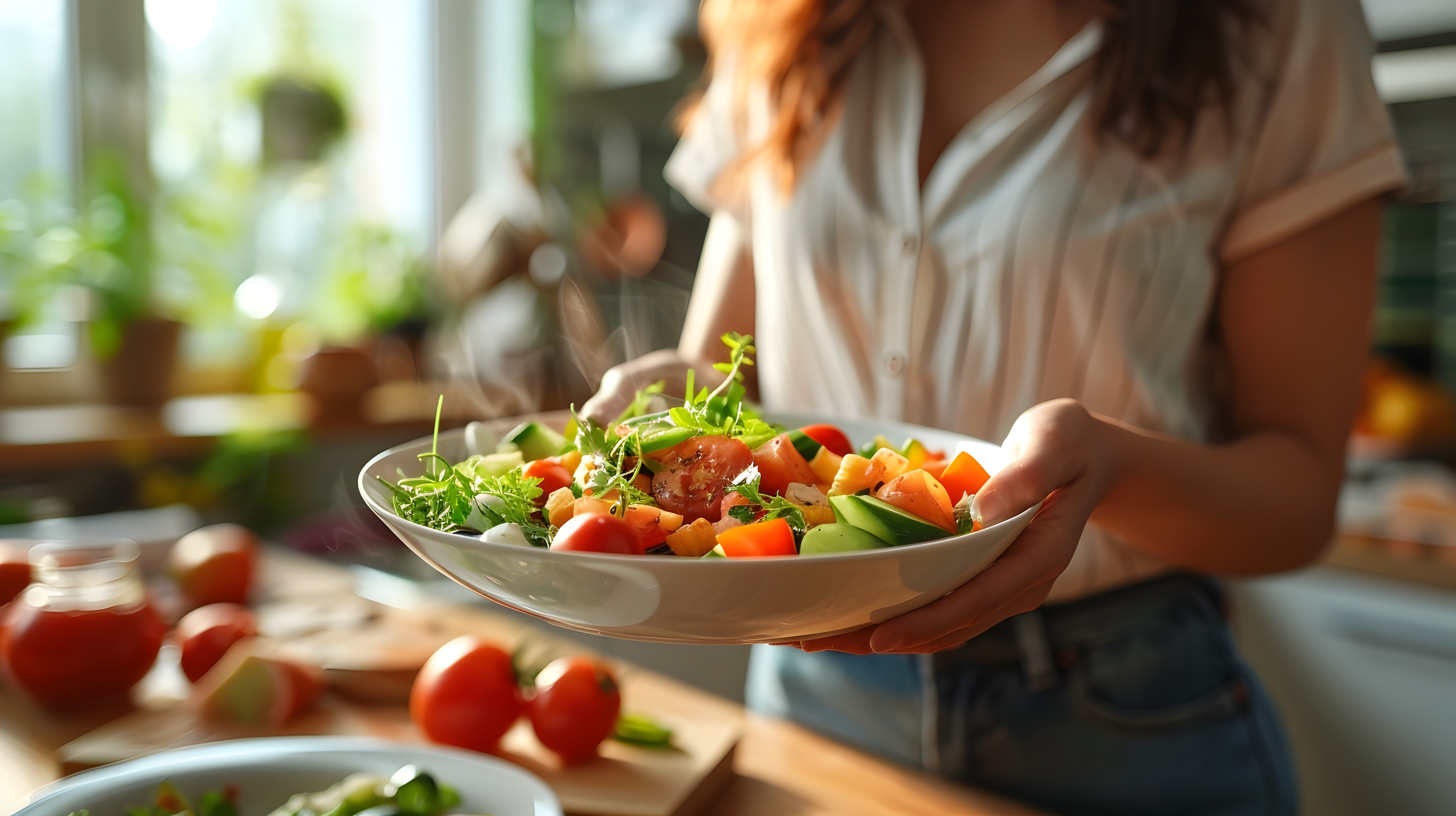 Plate of colorful vegetables including tomatoes, cucumbers, and greens — whole-food nutrition for wound recovery from Royal Wound Care.