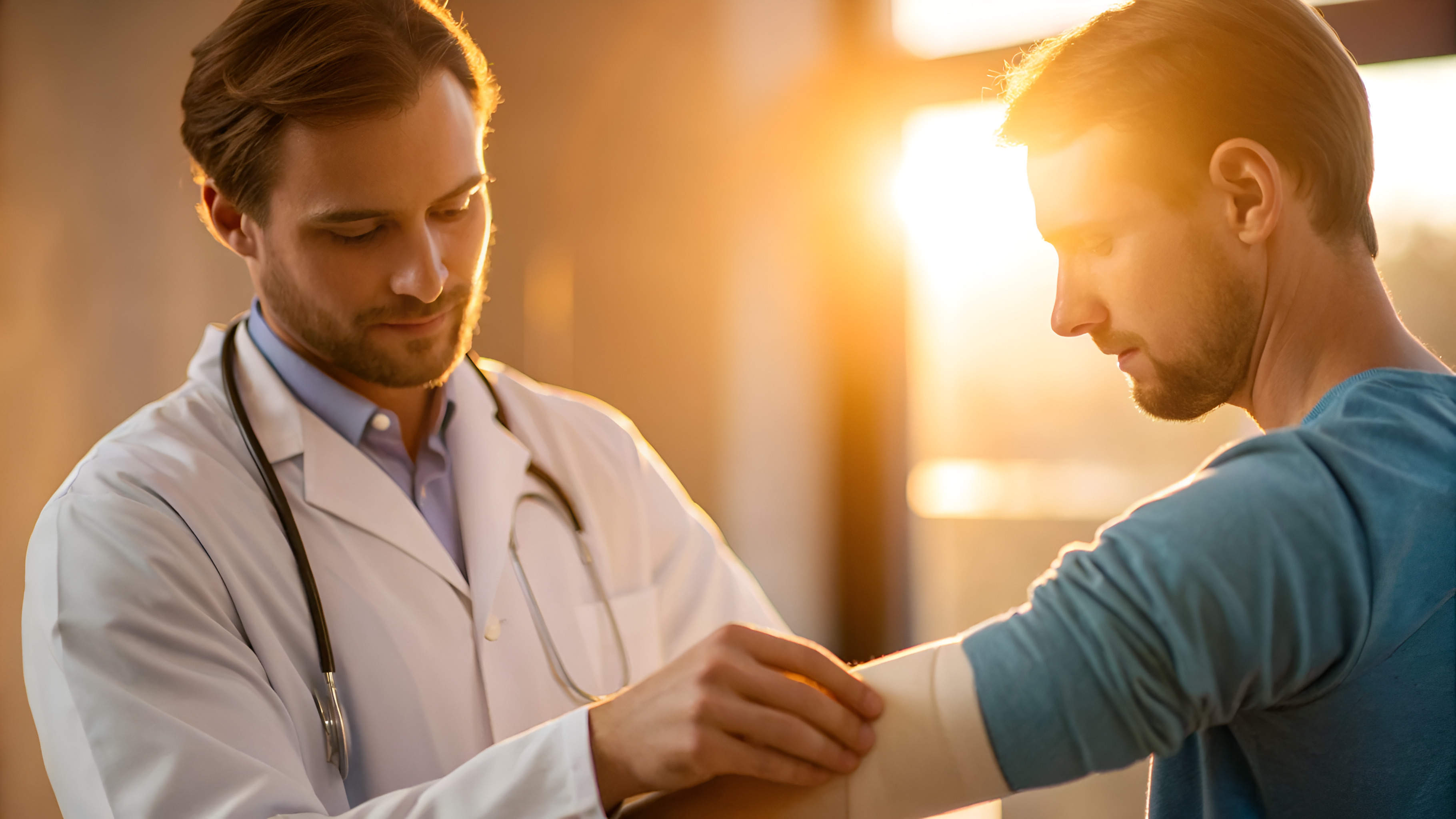 Doctor wrapping a male patient's arm with a bandage during sunset – Royal Wound Care providing expert bedside treatment and personalized wound care services.