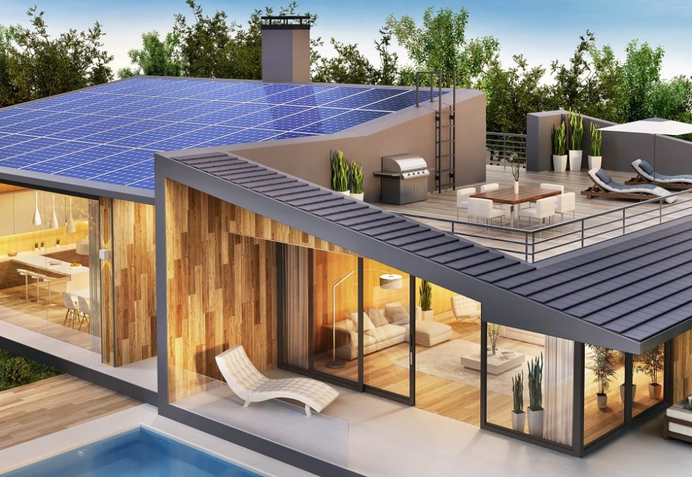 a house manson coverd with solar panel on it's roof image