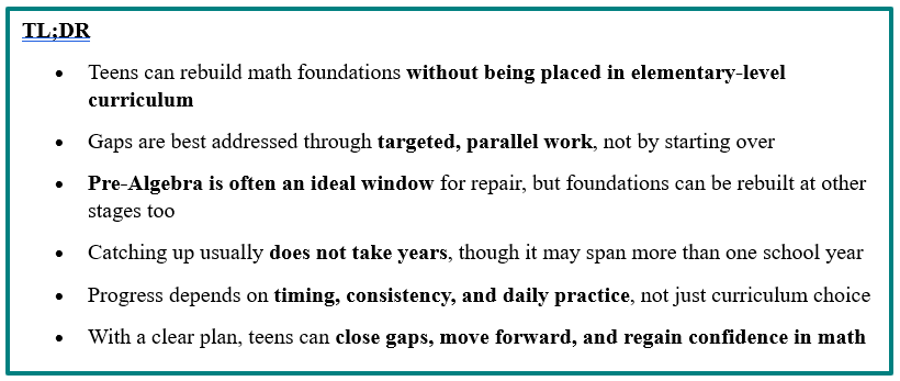 TL;DR summary image outlining key points on rebuilding math foundations for teens without elementary-level curriculum, emphasizing targeted parallel work, realistic timelines, and confidence-building.