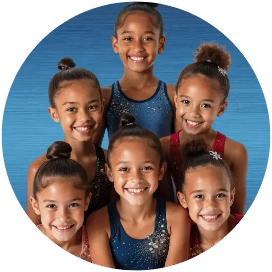 Young gymnast smiling while practicing on the beam in a supportive gym environment.