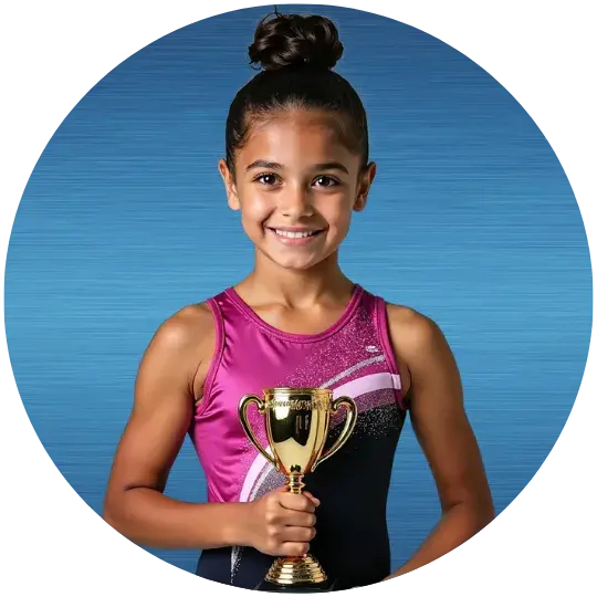 Confident gymnast celebrating after completing her routine, symbolizing a promising future.