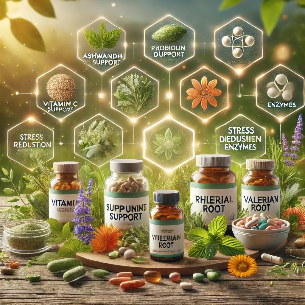 A wooden table displaying natural health supplements, herbal extracts, and fresh medicinal herbs like Ashwagandha, Rhodiola, Valerian root, and Ginkgo Biloba. Surrounding text highlights key health benefits such as immune support (Vitamin C, D, Zinc), energy boost, better digestion (probiotics, enzymes), stress relief (Magnesium, L-theanine), and brain function improvement (Omega-3). The background features a soft, natural wellness setting.